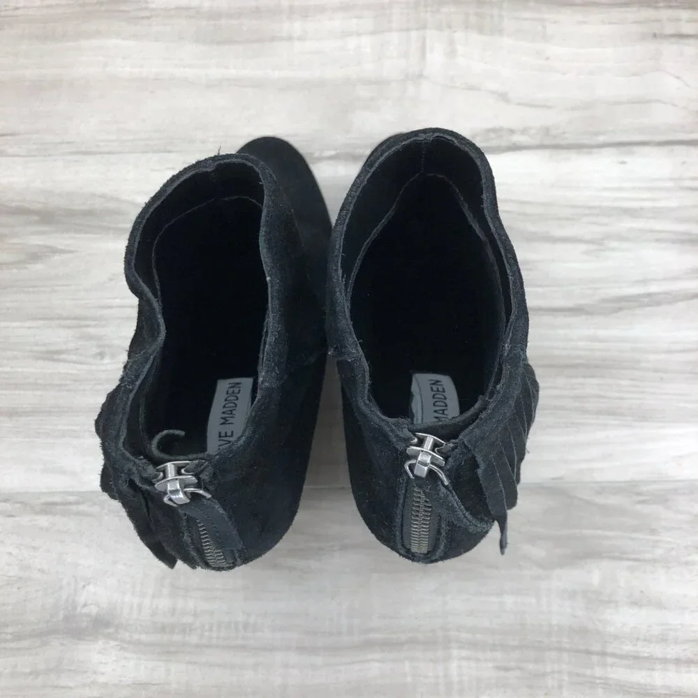 Steve Madden Ankle Boots Womens 8 Black Suede Leather Fringe Zip Booties